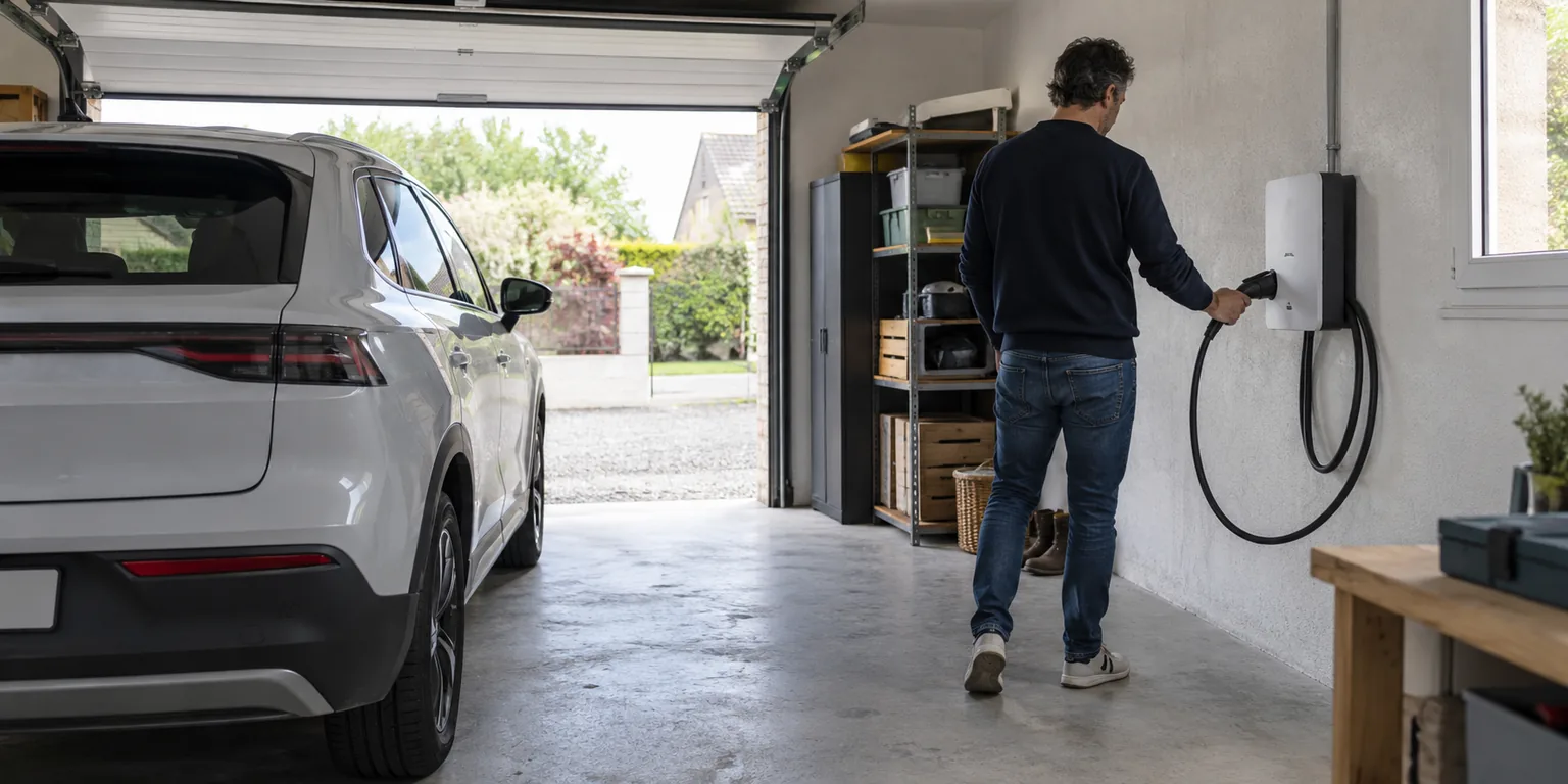 Borne murale dans un garage avec une voiture stationnée : illustration générée, aucun chantier réel.