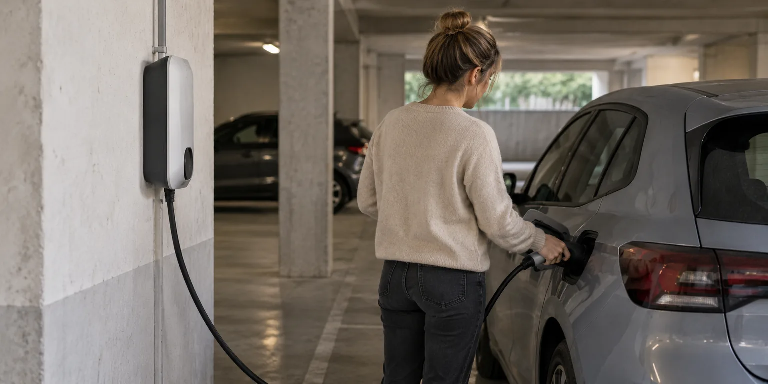 Borne près d’une voiture dans un garage : illustration générée, aucun chantier réel.