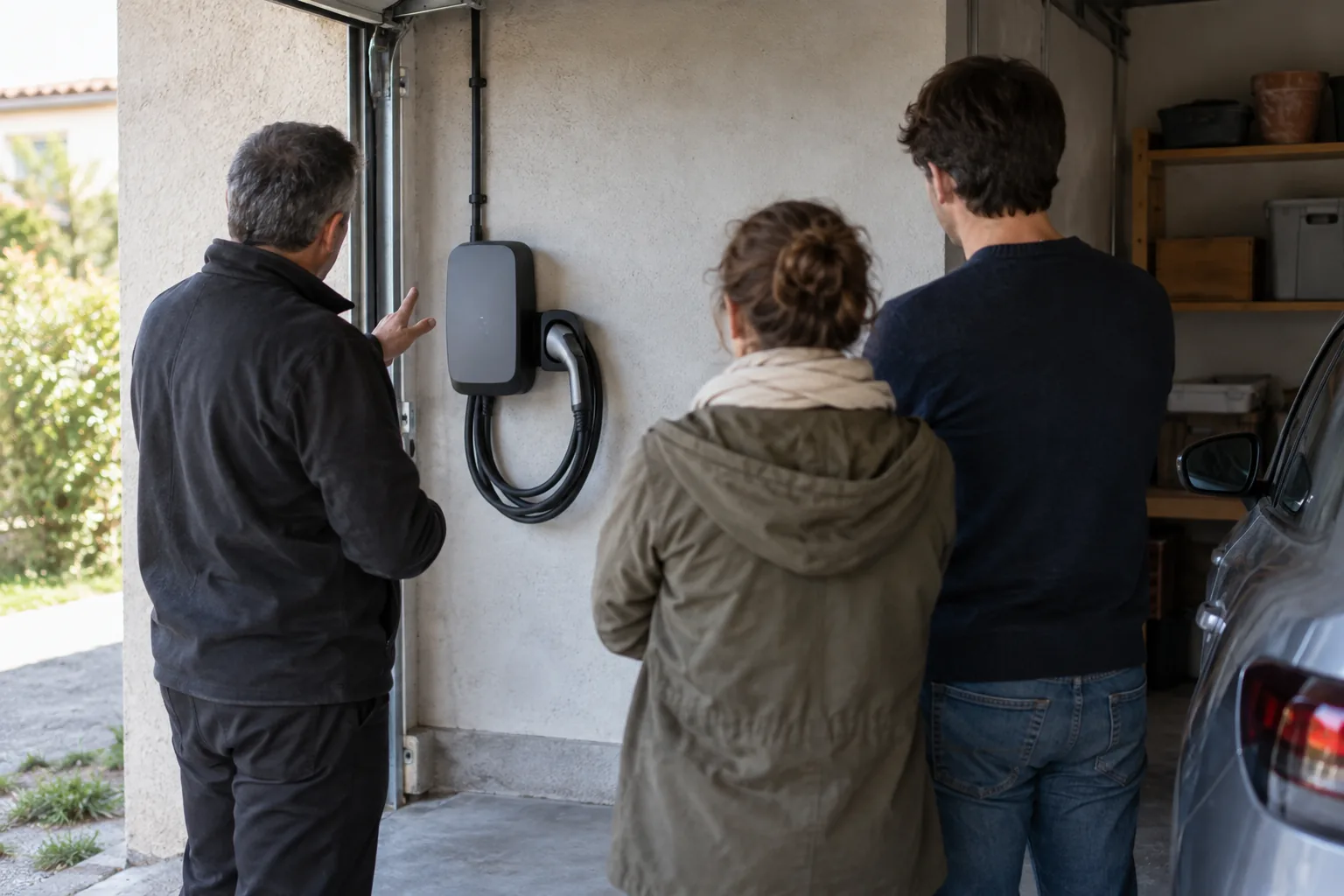 Illustration générée : Personnes anonymes de dos observant l’emplacement d’une borne dans un garage. Aucun chantier réel représenté.