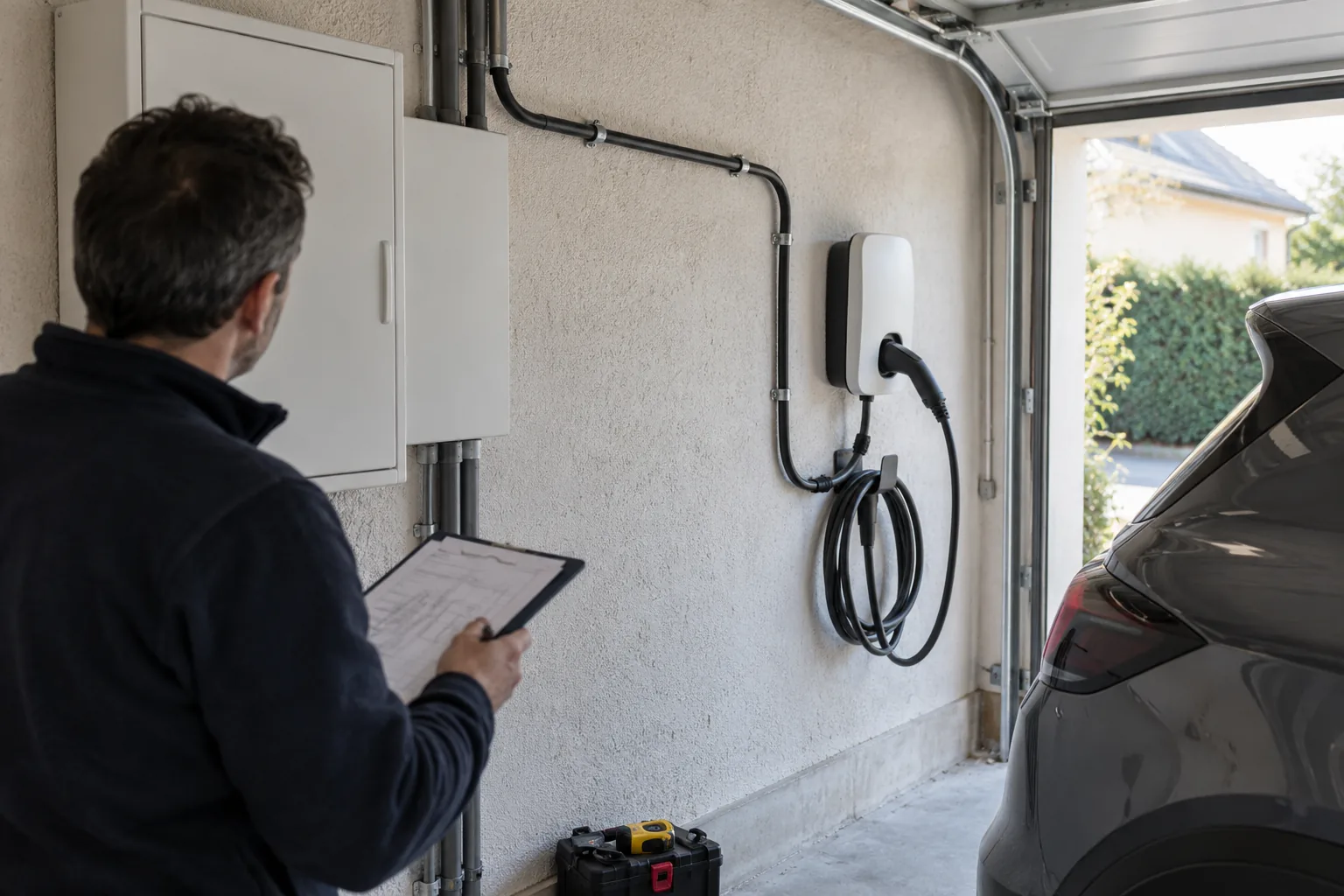Illustration générée : Borne murale au garage. Aucun chantier réel représenté.