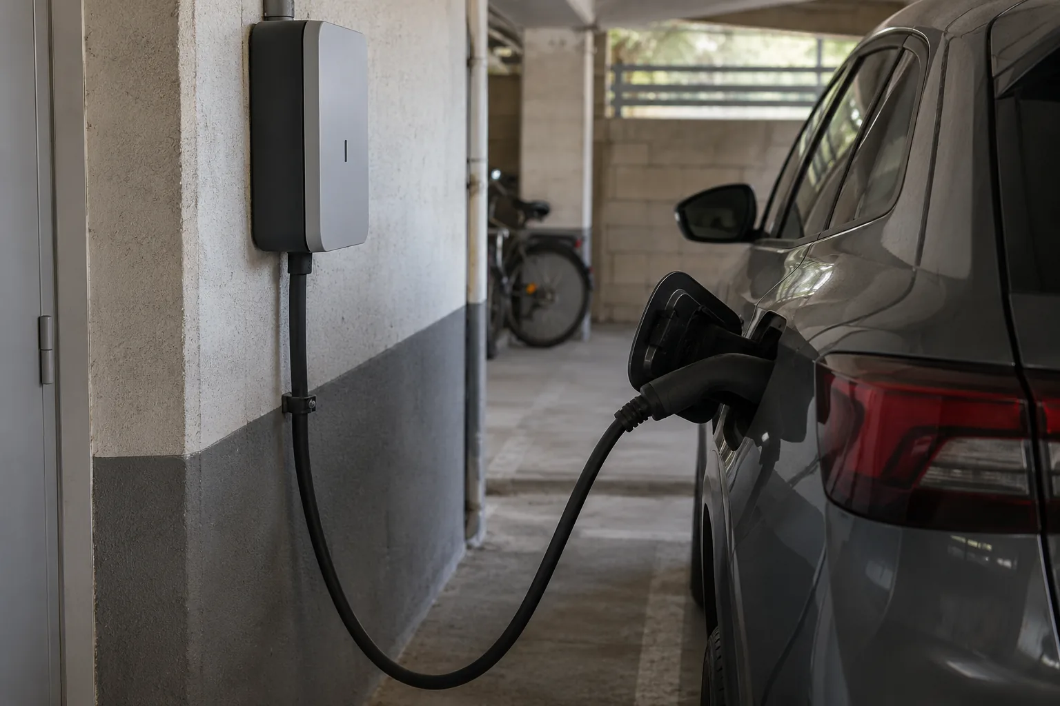 Illustration générée : Borne murale et voiture stationnée dans un garage. Aucun chantier réel représenté.